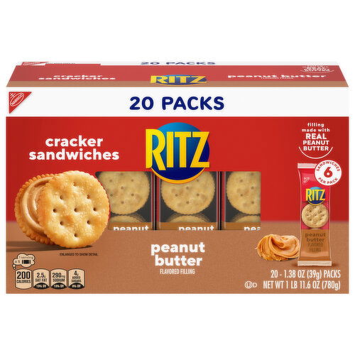 RITZ Peanut Butter Sandwich Crackers, Lunch Snacks, 20 Snack Packs (6 Crackers Per Pack)