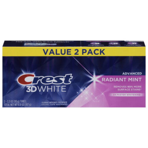 Crest 3D White Toothpaste, Anticavity, Fluoride, Radiant Mint, Advanced, Value 2 Pack