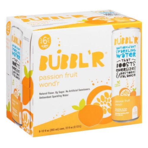 BUBBL'R Antioxidant Sparkling Water - passion fruit wond'r - 6 pk/12 fl oz. Cans