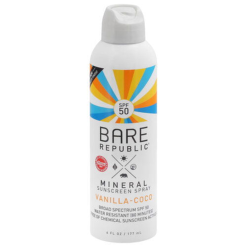 Bare Republic Sunscreen Spray, Mineral, Vanilla-Coco, Broad Spectrum SPF 50