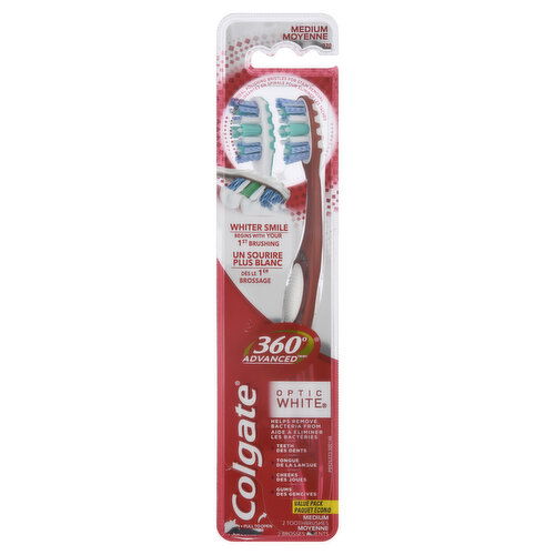 Colgate Optic White Toothbrush, 360 Degrees Advanced, Medium, Value Pack