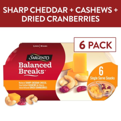 SARGENTO Sargento® Balanced Breaks® Natural Sharp Cheddar Cheese, Sea-Salted Cashews and Cherry Juice-Infused Dried Cranberries Snack Kit, 6-Pack