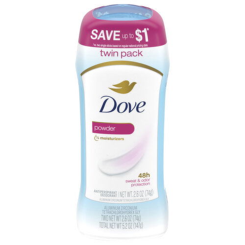 Dove Antiperspirant Deodorant, Powder, Twin Pack