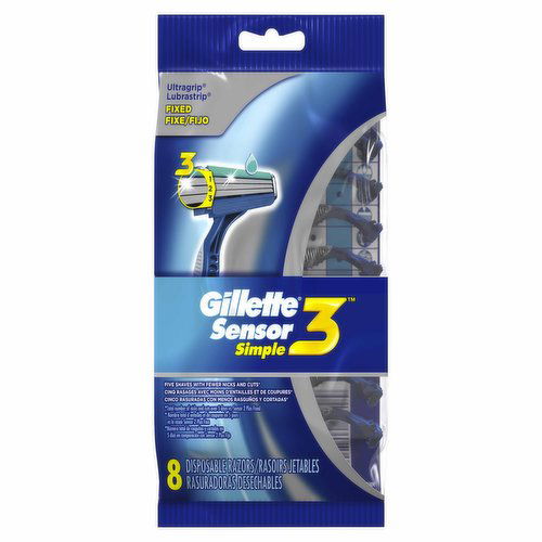 Gillette Sensor3 Simple Men's Disposable Razors, 8 Ct