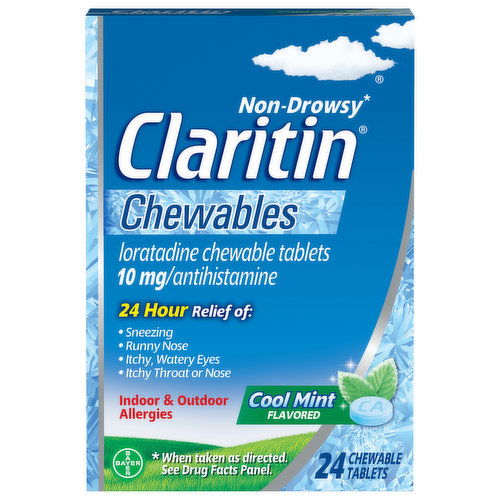 Claritin Indoor & Outdoor Allergies, Non-Drowsy, 10 mg, Chewable Tablets, Cool Mint Flavored