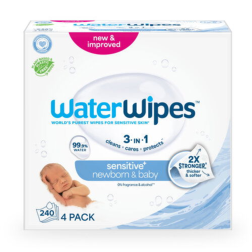 WaterWipes Sensitive+ Newborn & Baby Wipes 3-In-1 Cleans, Cares, Protects, 99.9% Water, Unscented & Hypoallergenic, 4 Packs