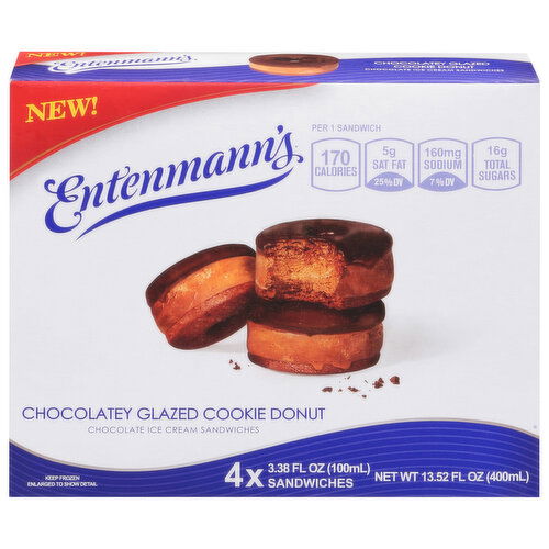 Entenmann's Ice Cream Sandwiches, Chocolatey Glazed Cookie Donut, Chocolate