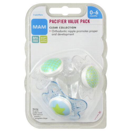 MAM Pacifier, Clear Collection, 0-6 Months, Value Pack