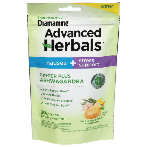 Dramamine Advanced Herbals Nausea + Stress Support, Ginger Plus Ashwagandha, Lozenges