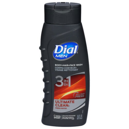 Dial Men Body + Hair + Face Wash, Ultimate Clean, Fresh Water, 3 in 1