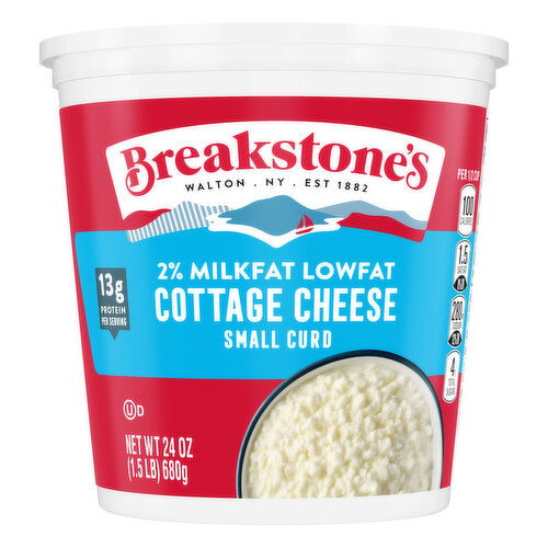 Breakstone's Breakstone's Cottage Cheese Breakstone's Small Curd Low fat Cottage Cheese with 2% Milkfat delivers the classic cottage cheese taste and texture you know and love with less fat. This small curd cottage cheese is made with cultured pasteurized Grade A skim milk and cream.