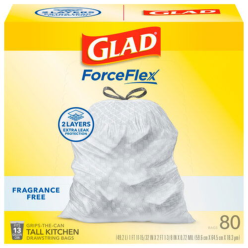 Glad ForceFlex Bags, Drawstring, Kitchen, Fragrance Free, Tall, 13 Gallon