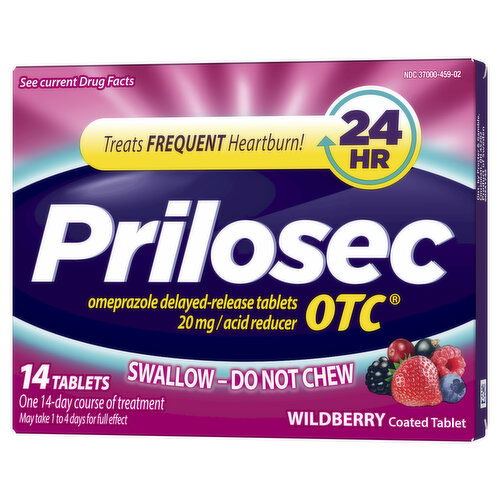 Prilosec OTC Acid Reducer Prilosec OTC Heartburn Relief, Omeprazole, Acid Reducer Tablets, Wildberry Flavor, 14 Ct