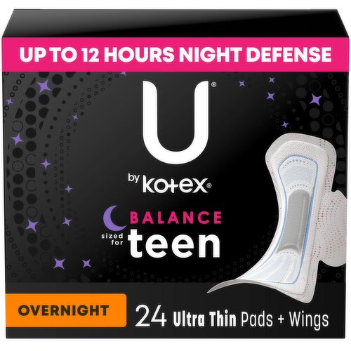 U By Kotex Balance Thin Feminine Pads with Wings, Overnight, Unscented