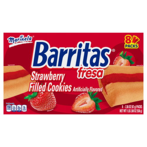 Marinela Barritas Fresa, Strawberry Filled Cookies, 8 Pack