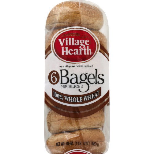 Village Hearth Bagels, 100% Whole Wheat, Pre-Sliced