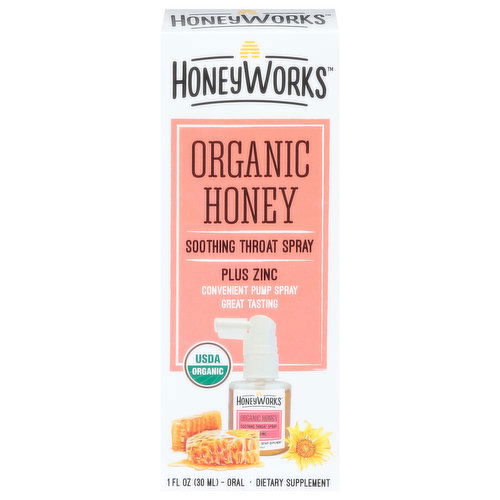 Honey Works Throat Spray, Soothing, Plus Zinc, Organic Honey