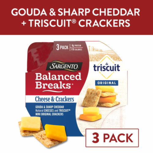 SARGENTO Balanced Breaks® Cheese & Crackers, Gouda & Sharp Cheddar Natural Cheeses and TRISCUIT® Mini Original Crackers Snack Kit, 3-Pack