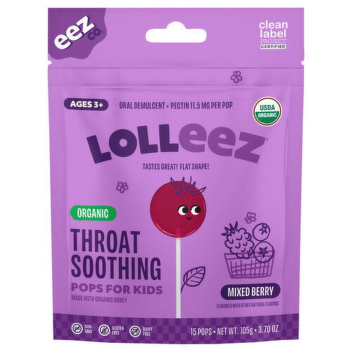 EEZ Co. Lolleez Throat Soothing Pops, Organic, For Kids, Mixed Berry