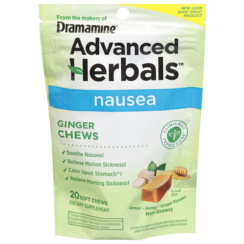 Dramamine Advanced Herbals Ginger Chews, Nausea, Soft Chews, Lemon/Honey/Ginger Flavors