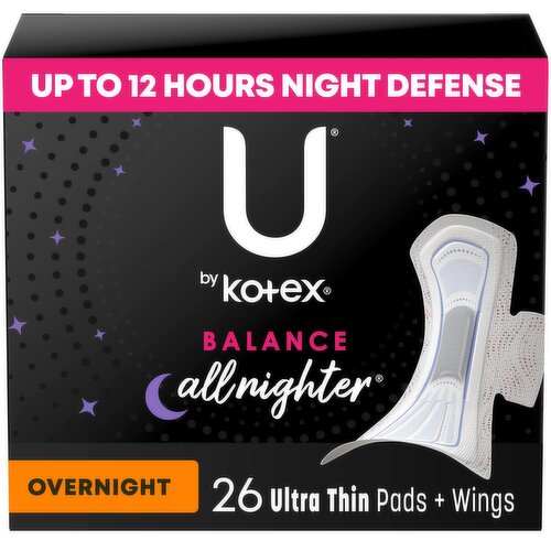 U by Kotex Balance Pads + Wings, Ultra Thin, Overnight