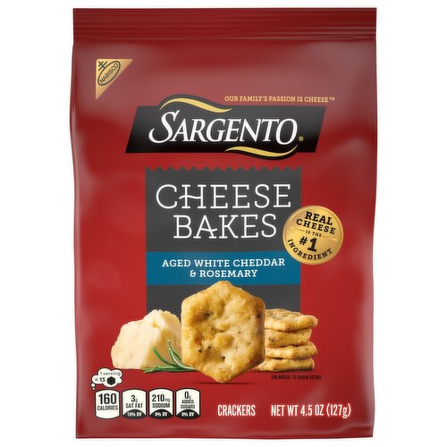 SARGENTO Cheese Bakes Aged White Cheddar and Rosemary Crackers, Cheese Crackers, Lunch Snacks