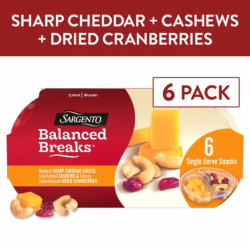 SARGENTO Sargento® Balanced Breaks® Natural Sharp Cheddar Cheese, Sea-Salted Cashews and Cherry Juice-Infused Dried Cranberries Snack Kit, 6-Pack