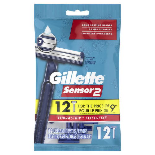 Gillette Sensor2 Fixed Head Men's Disposable Razors, 12 Count