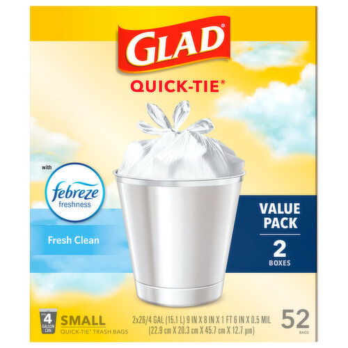 Glad Quick-Tie Trash Bags, Fresh Clean, 4 Gallon, Small, Value Pack