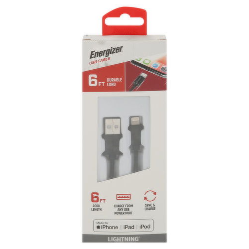 Energizer USB Cable, Durable Cord, Lightning, 6 Ft