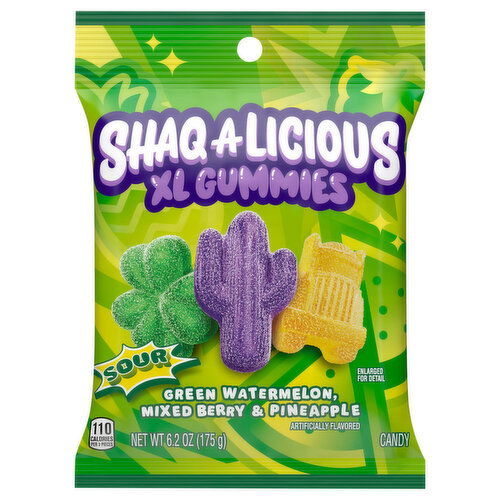 Shaq-A-Licious Candy, Green Watermelon, Mixed Berry & Pineapple, XL Gummies