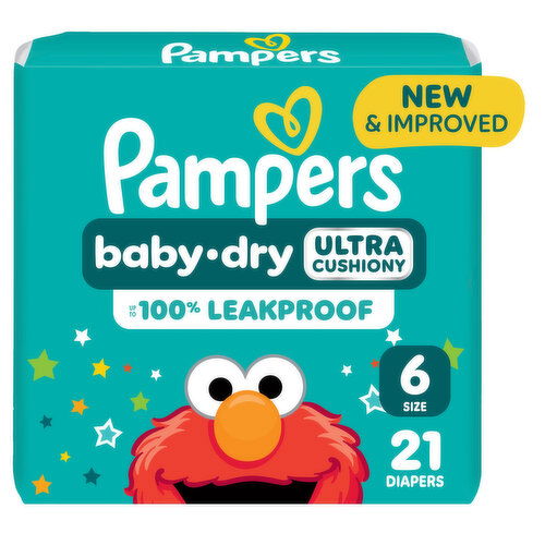 Pampers Baby Dry Ultra Cushiony Diapers, Size 6 (23-44 lbs), Up to 100% leakproof disposable diaper