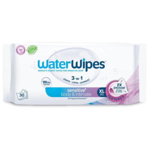 WaterWipes Sensitive+ Body & Intimate Wipes 3-In-1 Cleans, Cares, Protects, 99.9% Water, Unscented & Hypoallergenic Hygiene Wet Wipes, Adult Care, 3 Packs