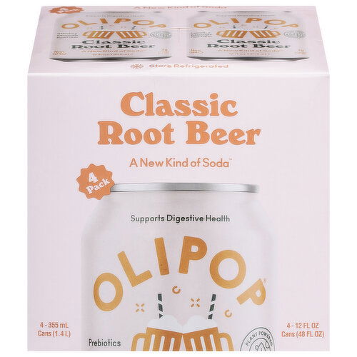 Olipop Soda, Classic Root Beer, 4 Pack