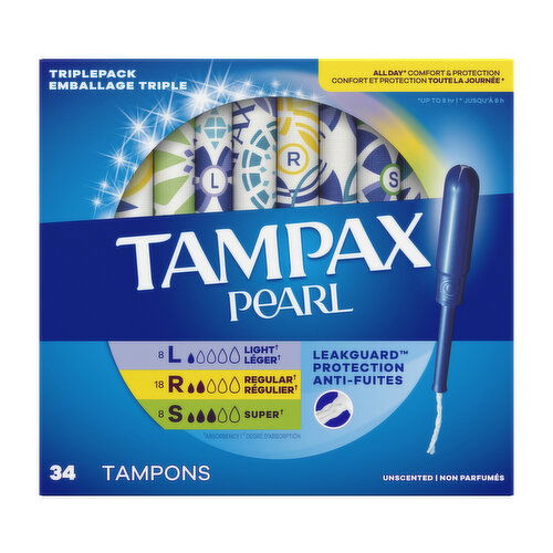 Tampax Pearl Tampax Pearl Tampons Multipack with LeakGuard Braid, Light/Regular/Super, 34 Ct