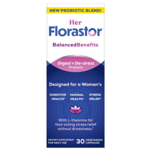 Florastor Balanced Benefits Her Digest and De-Stress Women's Probiotic and Stress Relief Supplement, Probiotics for Digestive Health, Vaginal Probiotics, and L-Theanine for Mind and Body Wellness, 30 Capsules