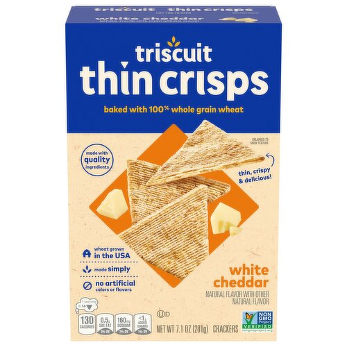 TRISCUIT Thin Crisps White Cheddar Whole Grain Wheat Crackers, Lunch Snacks, Snack Crackers