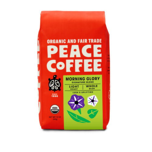 Peace Coffee Organic Whole Bean Coffee, Morning Glory, Light Roast