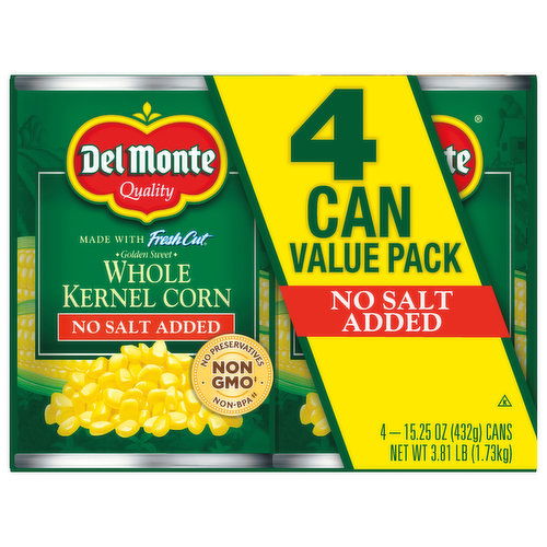 Del Monte Corn, Whole Kernel, No Salt Added, Value Pack