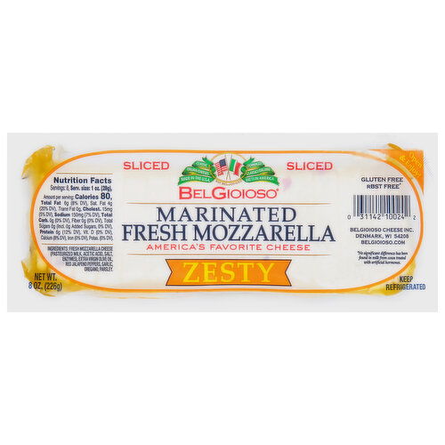 BelGioioso Sliced Cheese, Zesty, Marinated, Fresh Mozzarella