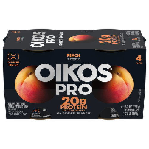 Oikos Pro Yogurt, Peach Flavored, 4 Pack