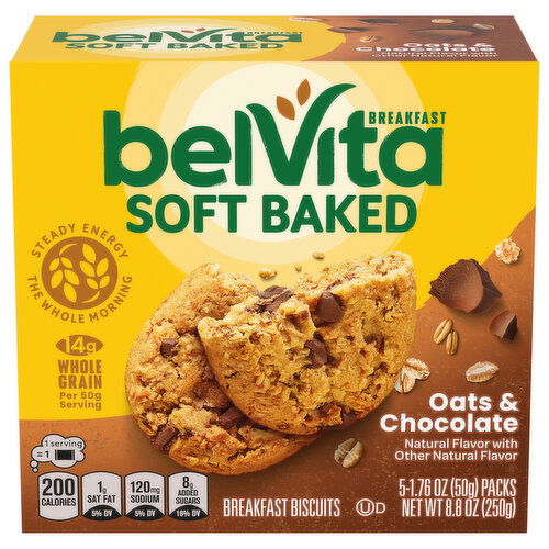 BELVITA Soft Baked Oats & Chocolate Breakfast Biscuits, 5 Packs (1 Biscuit Per Pack)