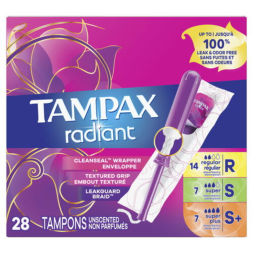 Tampax Radiant Radiant tampons unscented trio pack regular/super/super plus absorbency