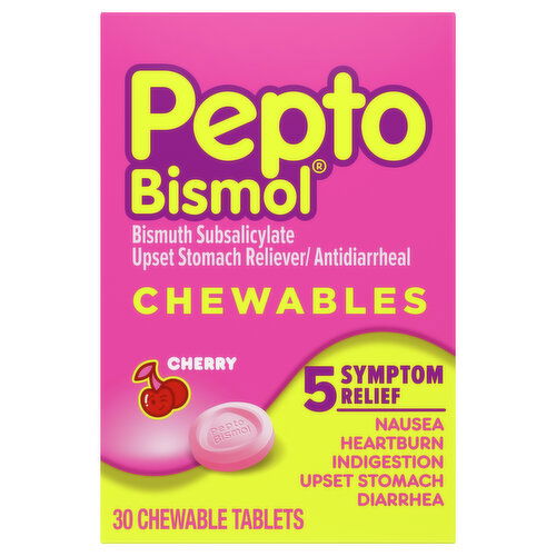 Pepto-Bismol Multi-Symptom Chewable Tablets for Nausea, Heartburn, Indigestion, Upset Stomach, Pepto Bismol Cherry Chewables Tablets, Fast Stomach Relief, 30 Countand Diarrhea - 5 Symptom Fast Relief, Cherry Flavor