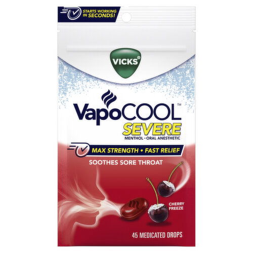 Vicks Severe VapoCool Severe Medicated Sore Throat Drops, Menthol, Cherry