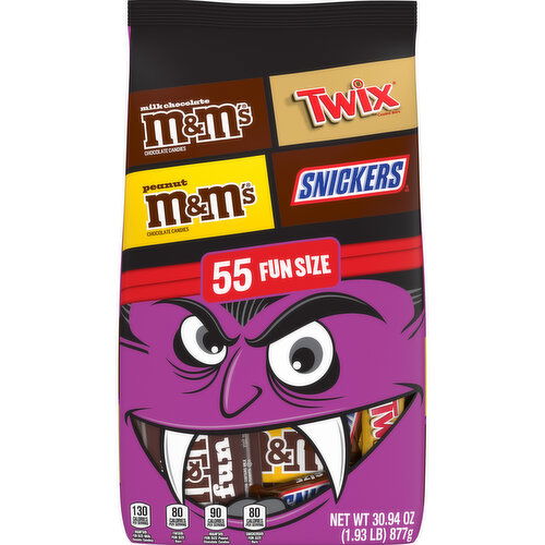 Mixed M&M'S Milk Chocolate, M&M'S Peanut, SNICKERS & TWIX Fun Size Halloween Candy Variety Pack, 55 Ct Bulk Bag