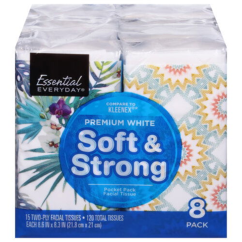 Essential Everyday Facial Tissues, Soft & Strong, Premium, White, Two-Ply, Pocket Pack, 8 Pack