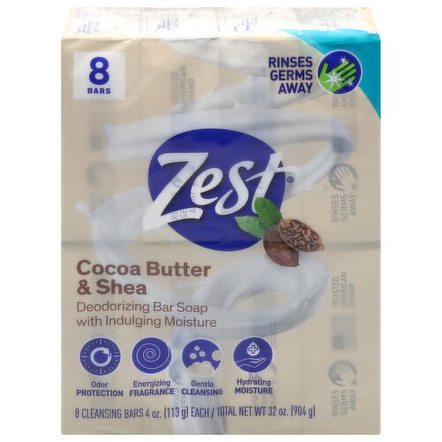 Zest Deodorizing Bar Soap, with Indulging Moisture, Cocoa Butter & Shea