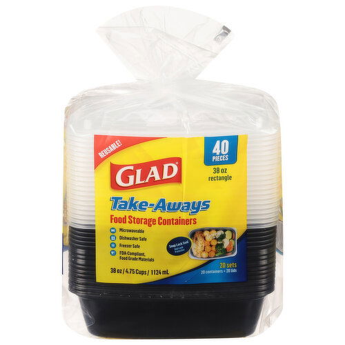 Glad Take-Aways Food Storage Containers, Rectangle, 38 Ounce, 40 Pieces