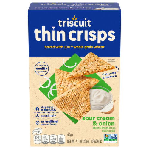 TRISCUIT Thin Crisps Sour Cream & Onion Whole Grain Wheat Crackers, Lunch Snacks, Snack Crackers